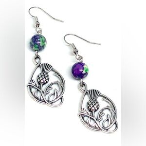Scottish Thistle Teardrop Purple Green Rain Jasper Earrings Scotland National